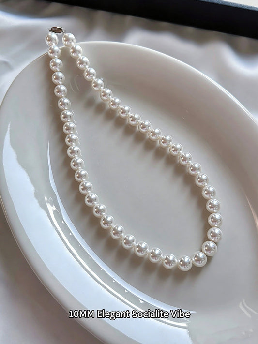 10mm White Shell Pearl Necklace Elegant Socialite Style Imitation Pearl Choker for Bridal Wedding Jewelry
