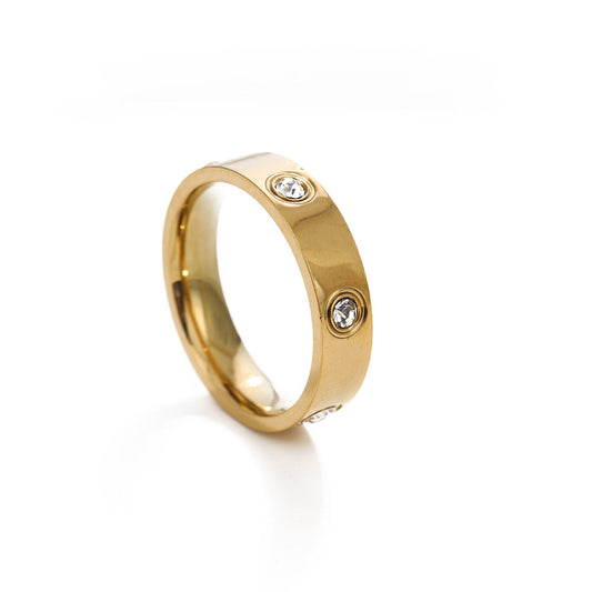Side view of 18K gold plated couple rings, dainty rhinestone wedding band