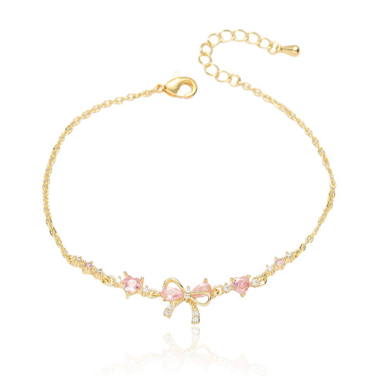 Luxury Gold Pink Bow Butterfly Bracelet for Women, Sparkle Charm Jewelry Gift
