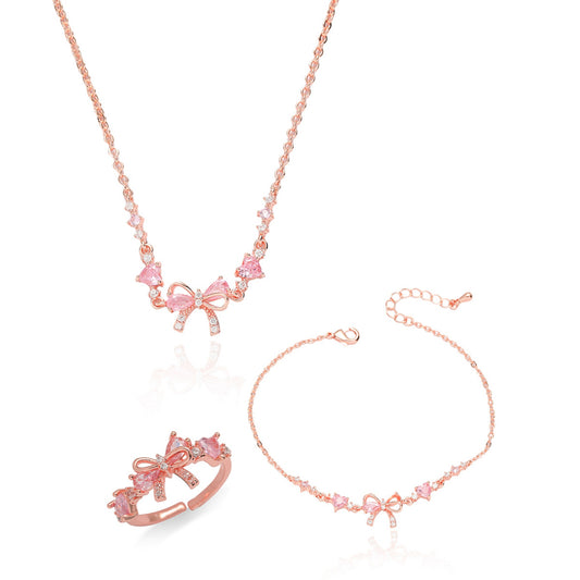 Luxury Rose Gold Pink Butterfly Jewelry Set for Women, Sparkling Crystal Choker Necklace Ring Bracelet Set, sygjewelry
