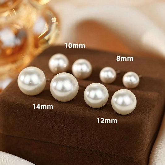 White shell pearl stud earrings size comparison chart, 8mm 10mm 12mm 14mm hypoallergenic shell pearl earrings for women