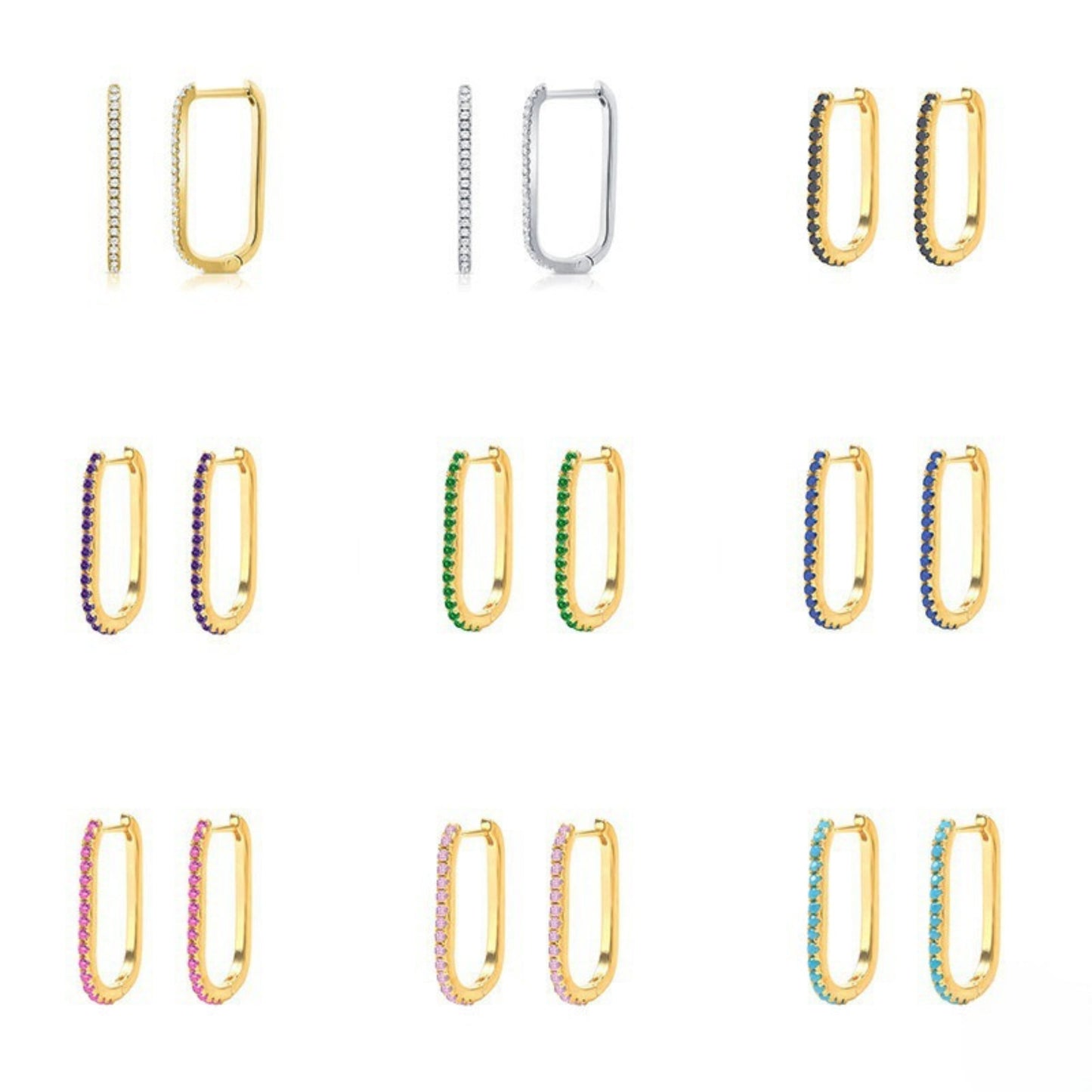 U-shaped rhinestone hoop earrings collection, 14K gold plated trendy earrings for women, multi-color fashion jewelry set