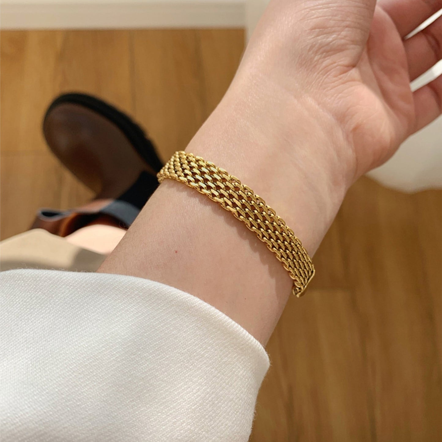 Gold and silver woven mesh bracelet set, hypoallergenic jewelry for women's daily wear