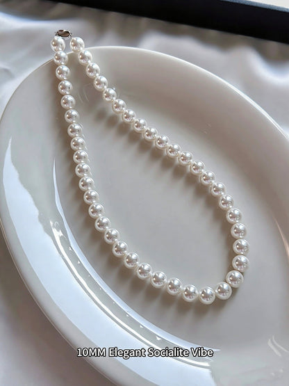 10mm White Shell Pearl Necklace Elegant Socialite Style Imitation Pearl Choker for Bridal Wedding Jewelry