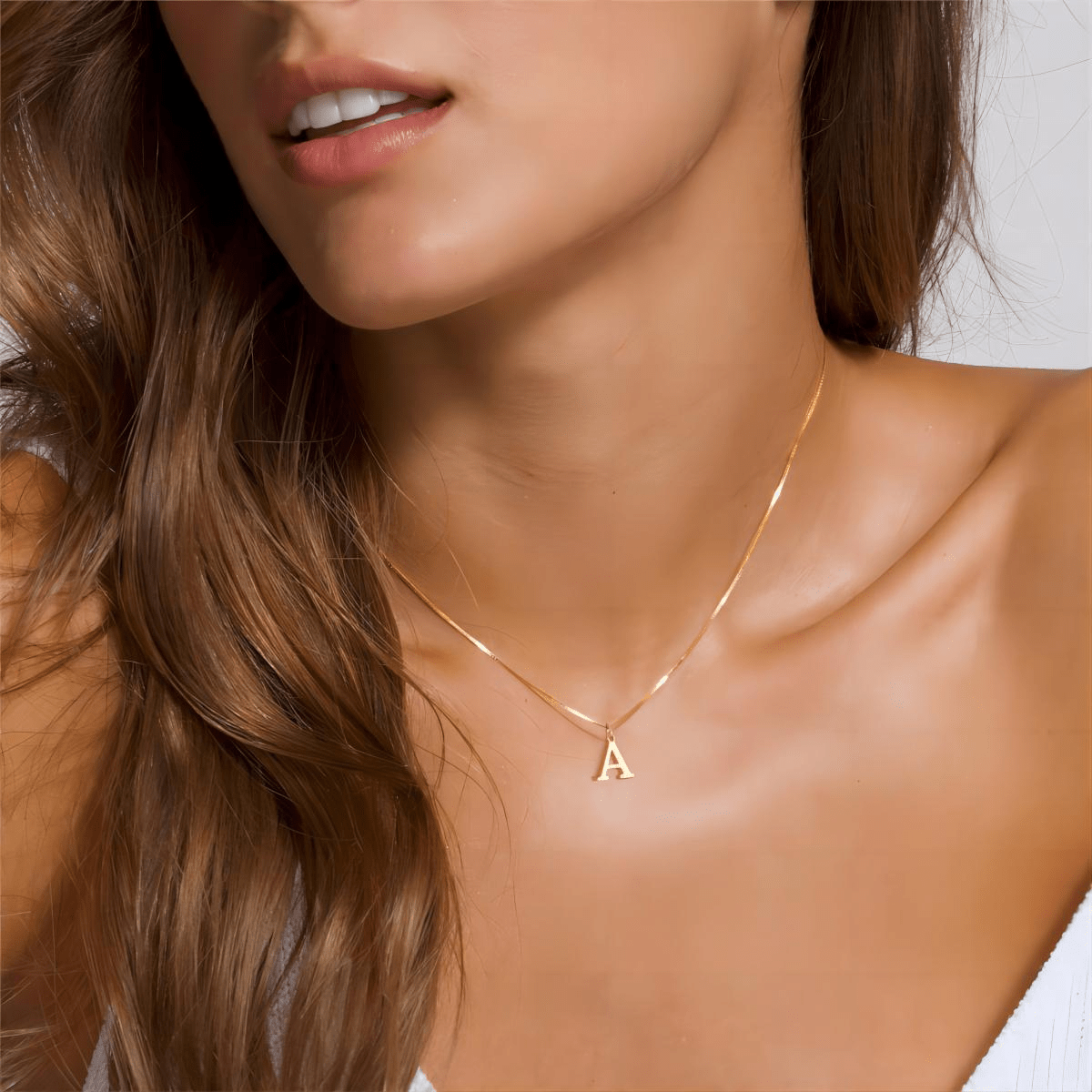  Close Up of 14K Gold Plated Initial A Pendant, High Quality Gold Jewelry Detail for Women 
