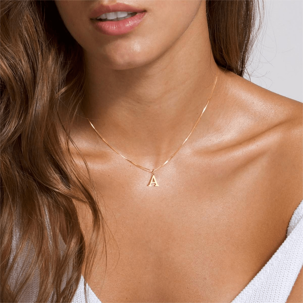 Model Wearing 14K Gold Plated Initial A Necklace, Dainty Personalized Letter Pendant for Everyday Wear 