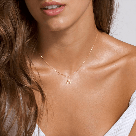 Model Wearing 14K Gold Plated Initial A Necklace, Dainty Personalized Letter Pendant for Everyday Wear 