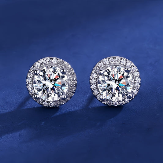 1 Carat Round Brilliant Cut Halo Moissanite Stud Earrings, 925 Sterling Silver, Luxury Blue Background Product Shot, Engagement Wedding Earrings, SYG Jewelry