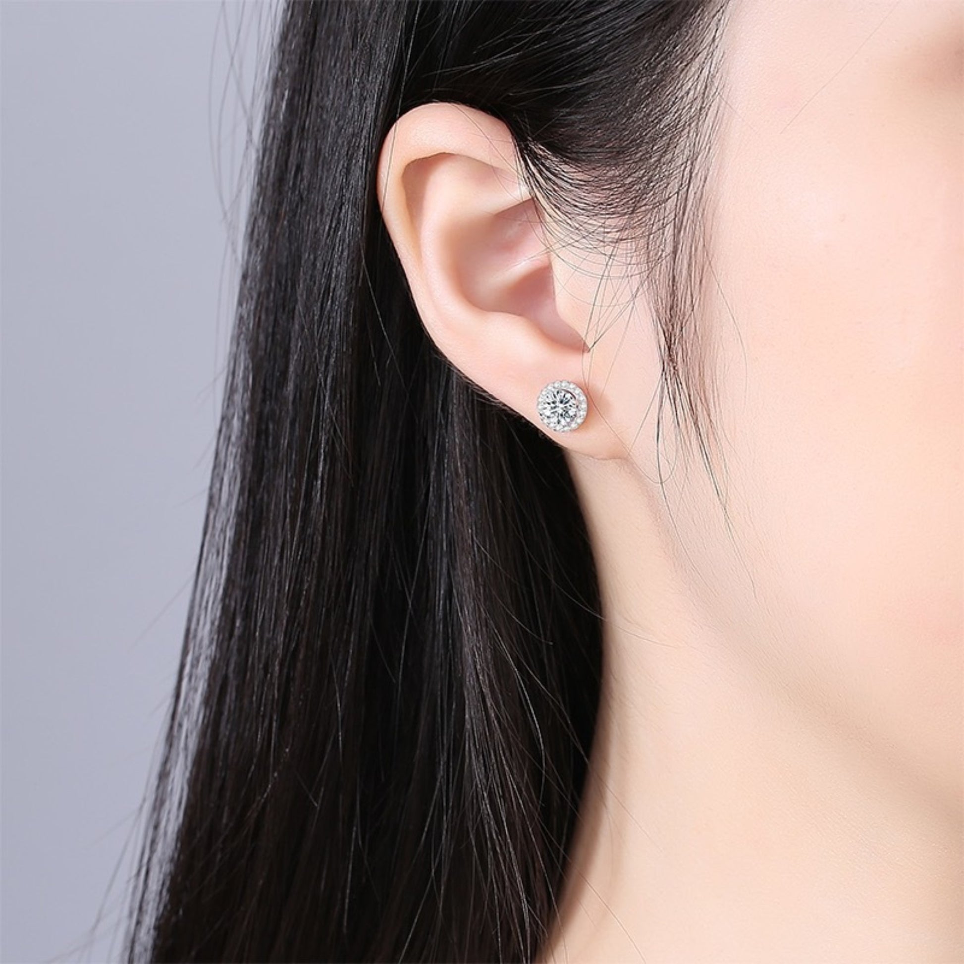 Long Hair Model Wearing 1 Carat Halo Moissanite Stud Earrings, 925 Sterling Silver, Elegant Daily Wear Earrings, SYG Jewelry