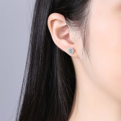 Long Hair Model Wearing 1 Carat Halo Moissanite Stud Earrings, 925 Sterling Silver, Elegant Daily Wear Earrings, SYG Jewelry