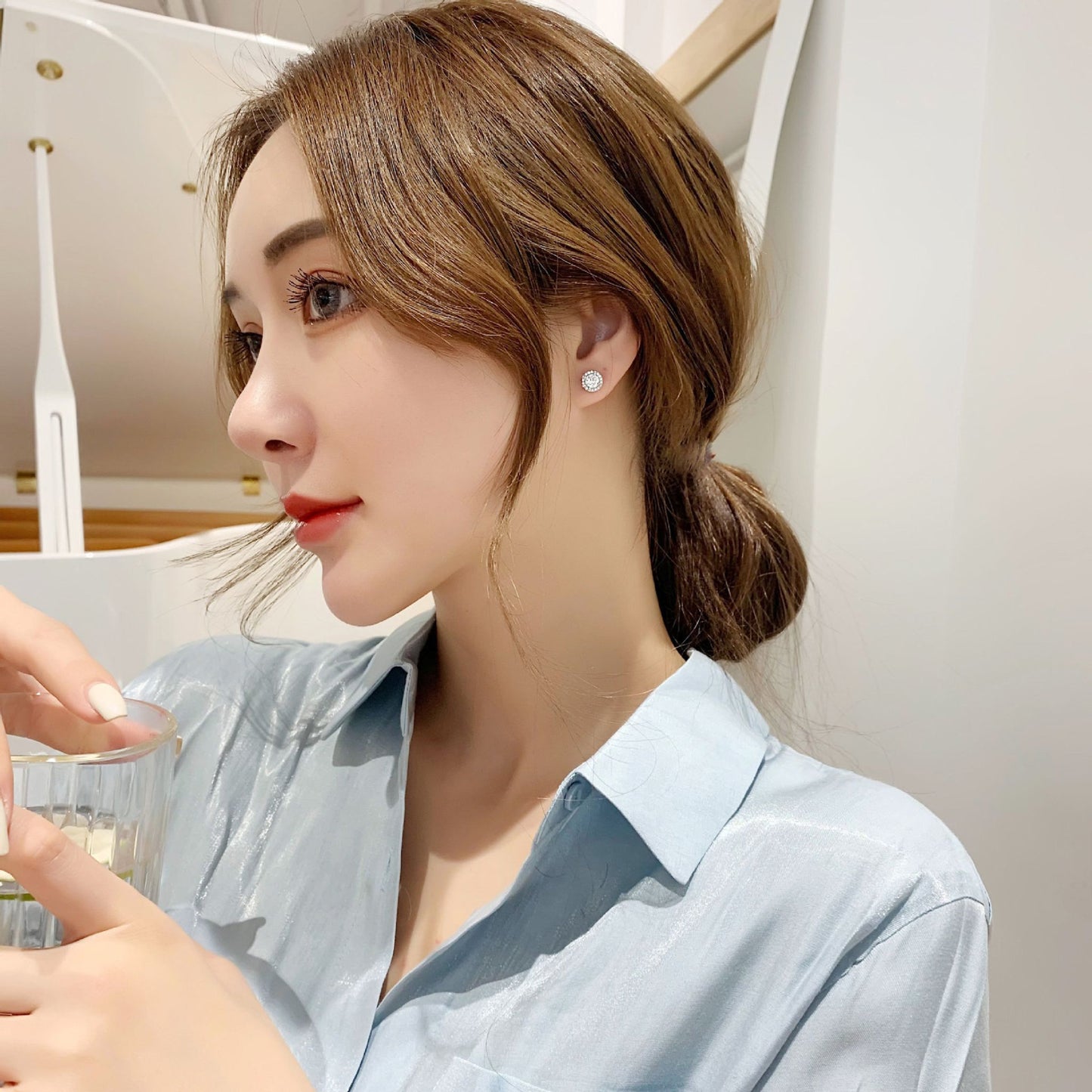 Model Wearing 1 Carat Halo Moissanite Stud Earrings, 925 Sterling Silver, Everyday Wear Luxury Earrings, Bridal Jewelry, SYG Jewelry