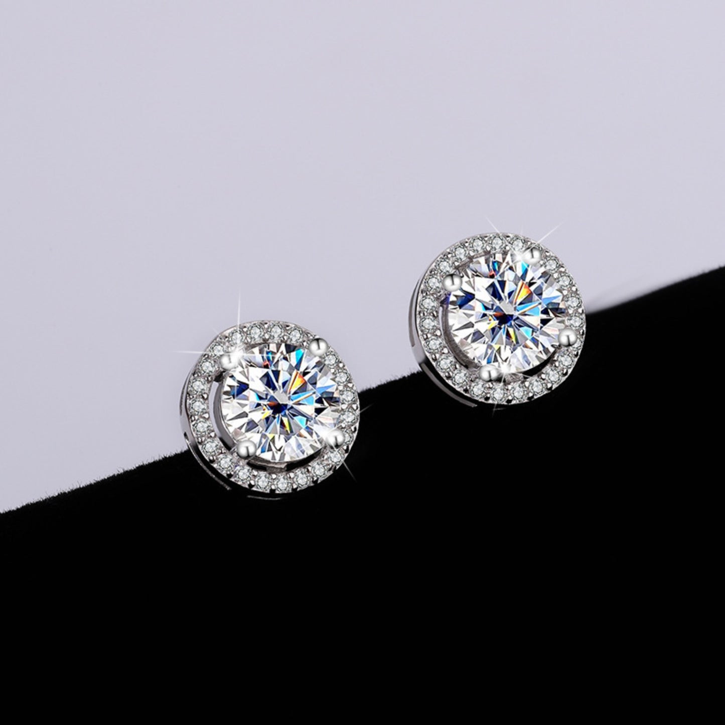 1 Carat Halo Moissanite Stud Earrings with Black White Shadow Effect, 925 Sterling Silver, Luxury Product Photography, SYG Jewelry