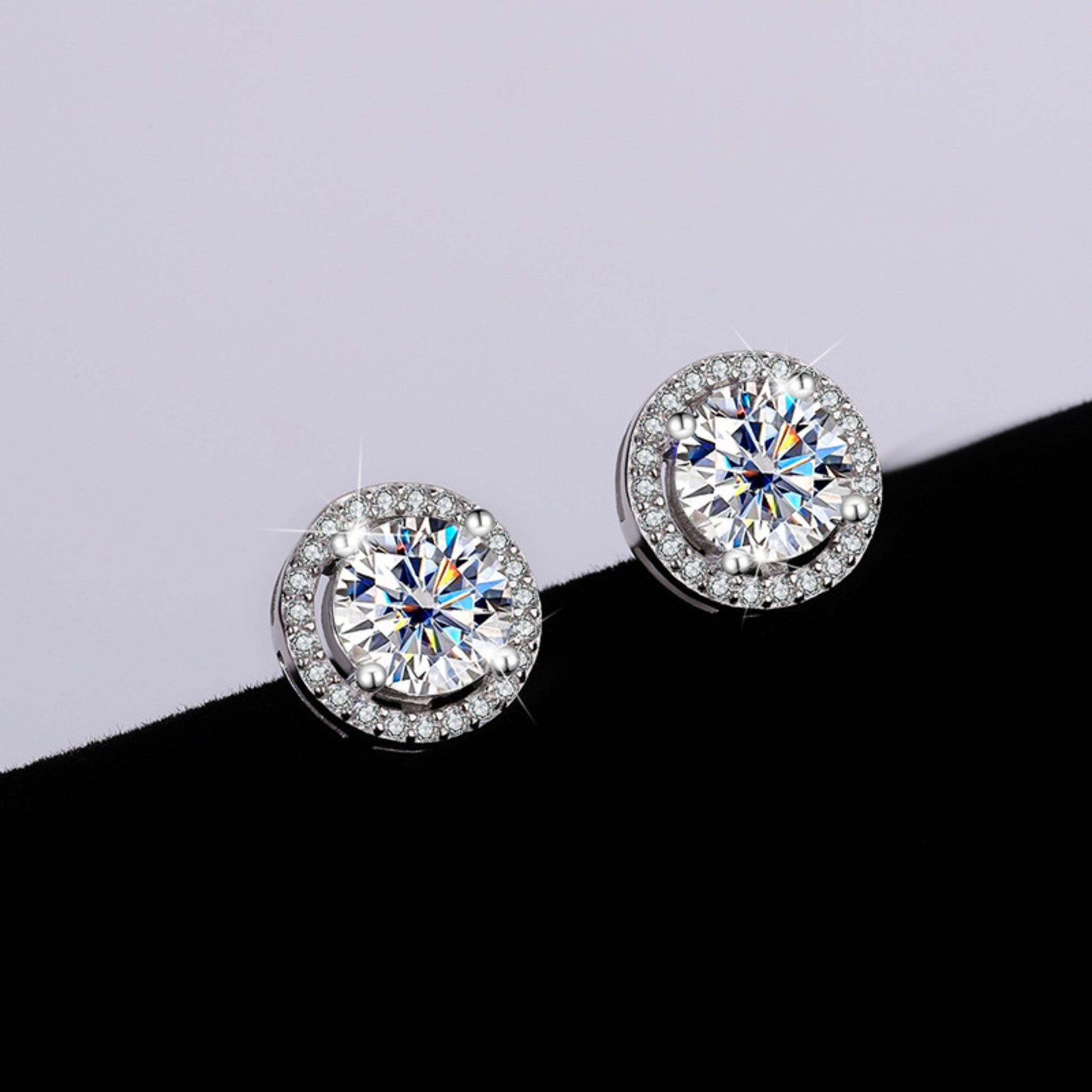 1 Carat Halo Moissanite Stud Earrings with Black White Shadow Effect, 925 Sterling Silver, Luxury Product Photography, SYG Jewelry