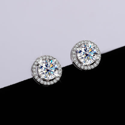 1 Carat Halo Moissanite Stud Earrings with Black White Shadow Effect, 925 Sterling Silver, Luxury Product Photography, SYG Jewelry