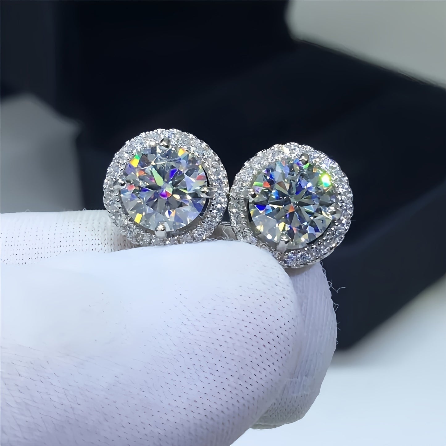 Professional Glove Shot of 1 Carat Halo Moissanite Stud Earrings, 925 Sterling Silver, High Sparkle Lab Grown Diamond Earrings, SYG Jewelry