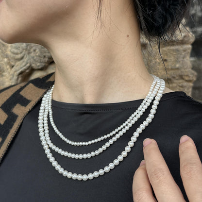 3mm 5mm 6mm Layered Shell Pearl Necklace on Model, White Imitation Pearl Multi-Strand Choker for Women, Elegant Jewelry