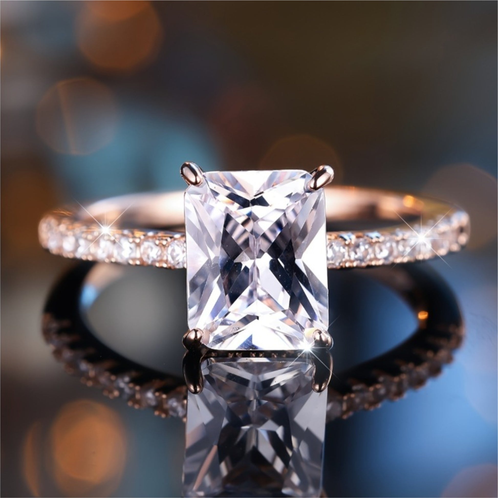 Rectangular white diamond edge four-prong ring, silver plated statement jewelry