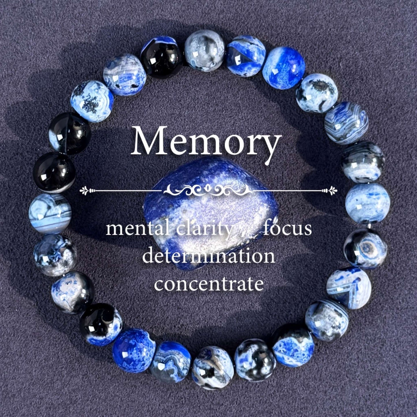Close up detail of synthetic blue agate beaded bracelet, round beads for anxiety relief
