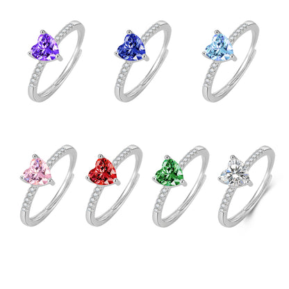 Colorful heart adjustable open ring set, pink purple green blue clear gemstone rings for women