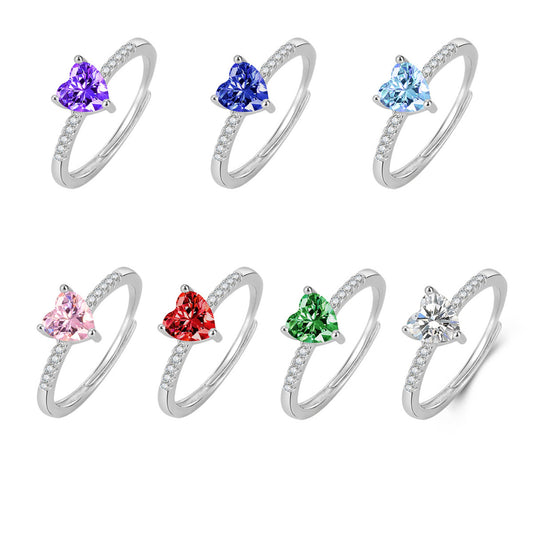 Colorful heart adjustable open ring set, pink purple green blue clear gemstone rings for women