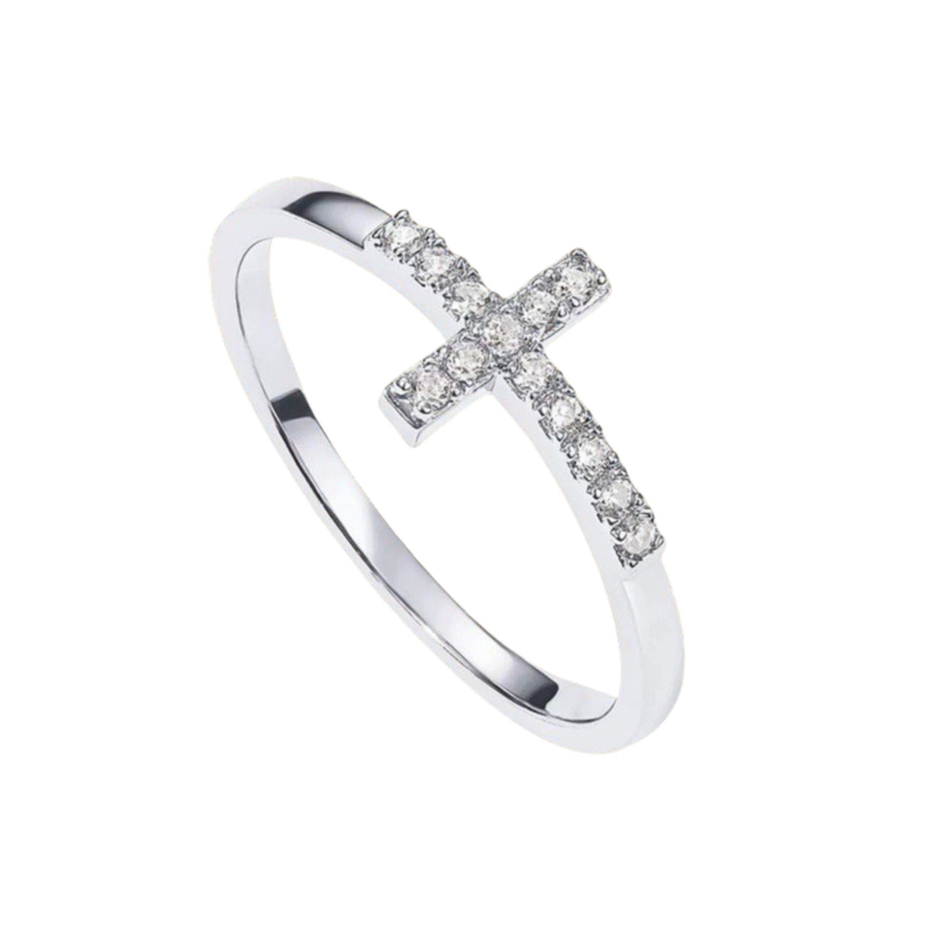 Model wearing dainty cross ring, minimalist everyday jewelry for women