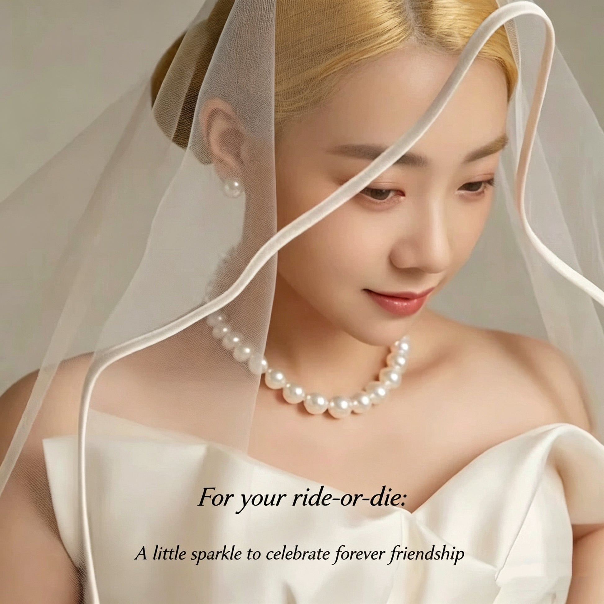 Bride wearing pearl necklace, perfect bridesmaid or best friend gift for weddings
