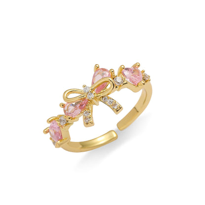 Gold Pink Bow Butterfly Adjustable Ring, Luxury Open Band Jewelry Gift