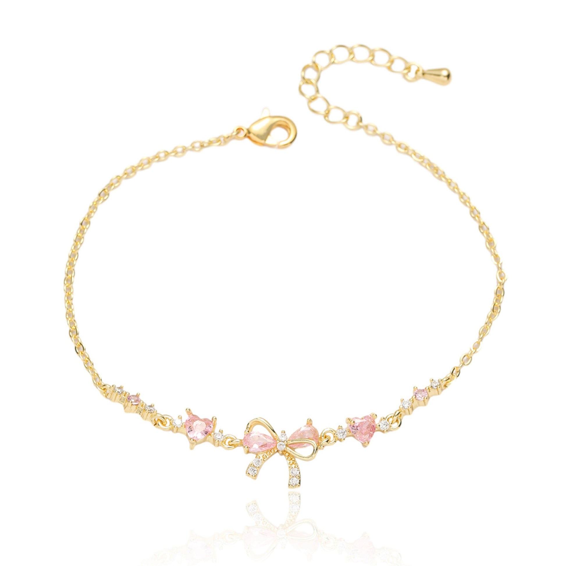 Luxury Gold Pink Bow Butterfly Bracelet for Women, Sparkle Charm Jewelry Gift