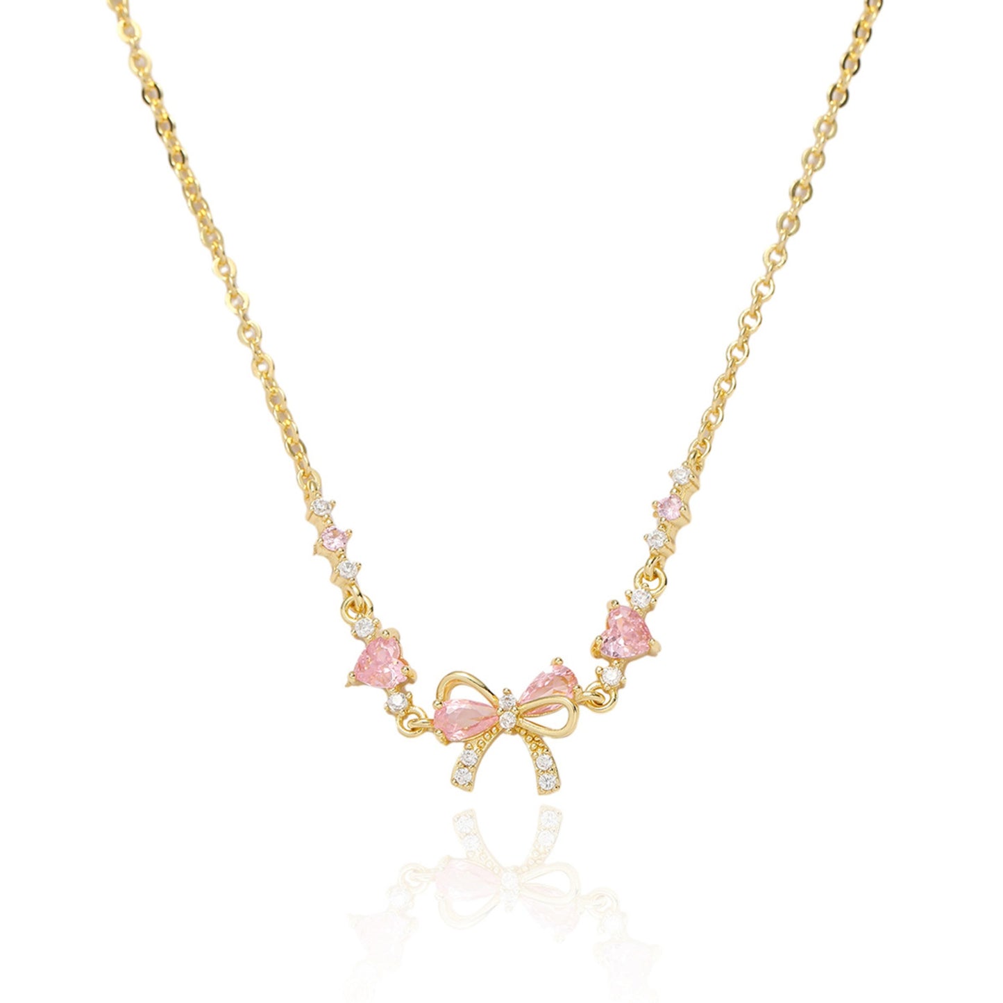 Luxury Gold Bow Pink Butterfly Necklace for Women, Sweet Sparkle Choker, Cute Pastel Aesthetic Jewelry Gift, sygjewelry