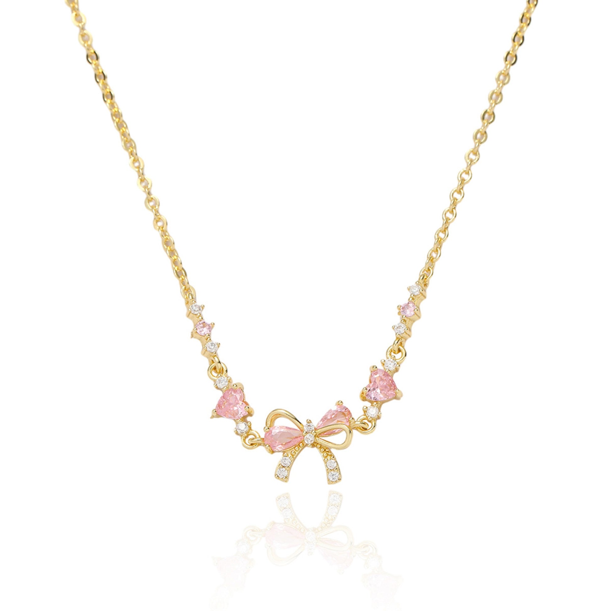 Luxury Gold Bow Pink Butterfly Necklace for Women, Sweet Sparkle Choker, Cute Pastel Aesthetic Jewelry Gift, sygjewelry