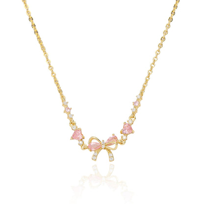 Luxury Gold Bow Pink Butterfly Necklace for Women, Sweet Sparkle Choker, Cute Pastel Aesthetic Jewelry Gift, sygjewelry