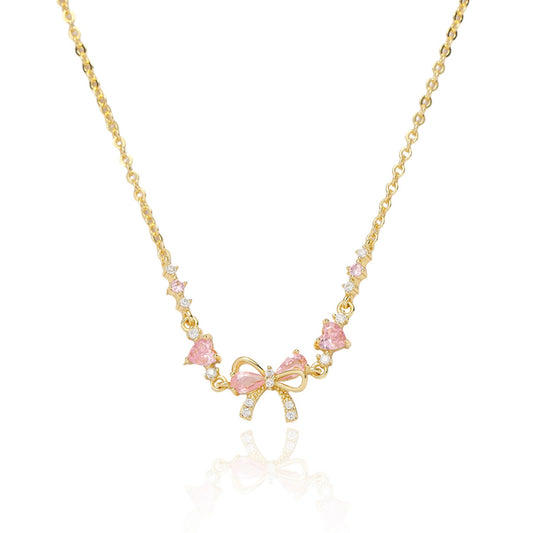 Luxury Gold Bow Pink Butterfly Necklace for Women, Sweet Sparkle Choker, Cute Pastel Aesthetic Jewelry Gift, sygjewelry