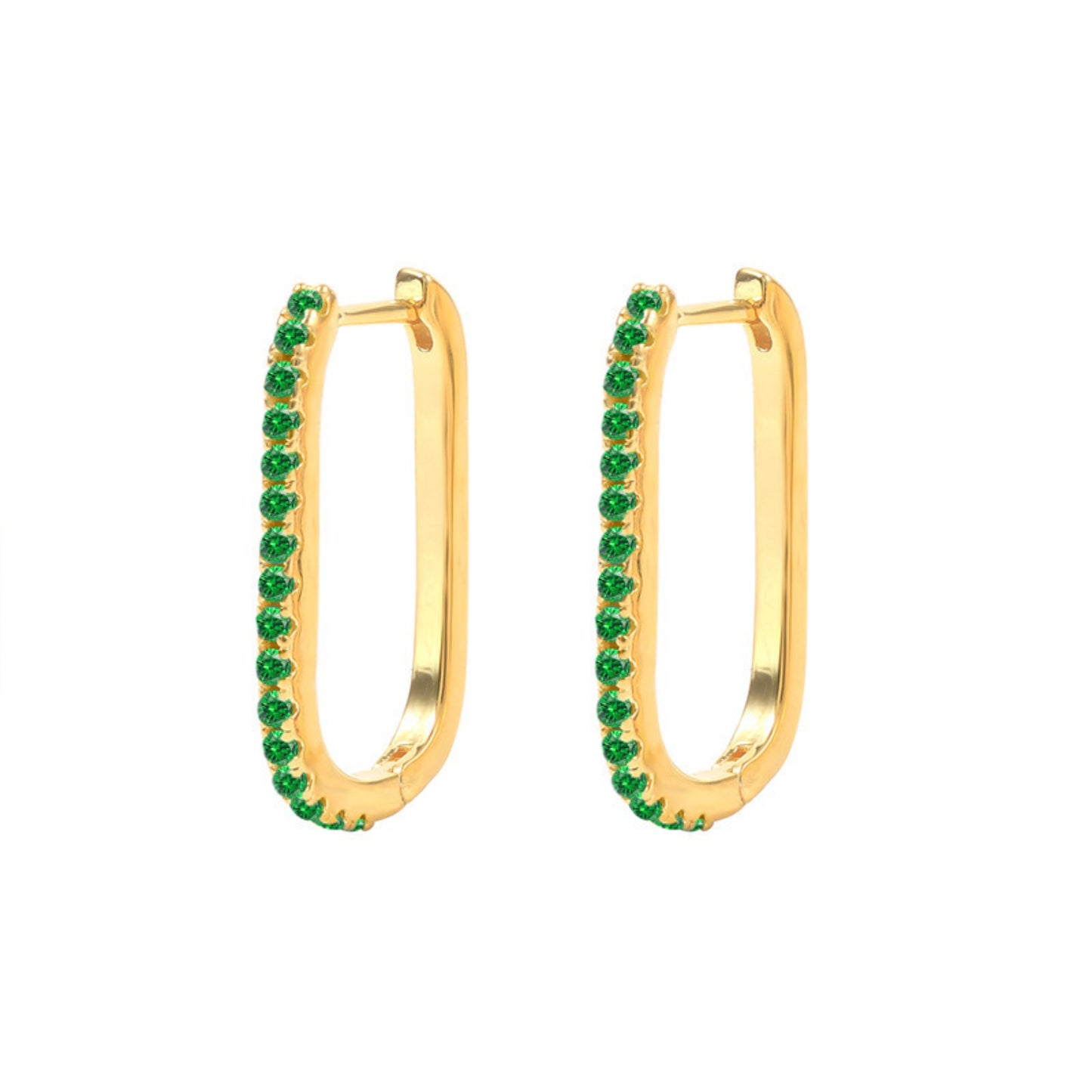 Gold U-shaped hoop earrings with green rhinestones, trendy INS style statement earrings for women, fashion jewelry