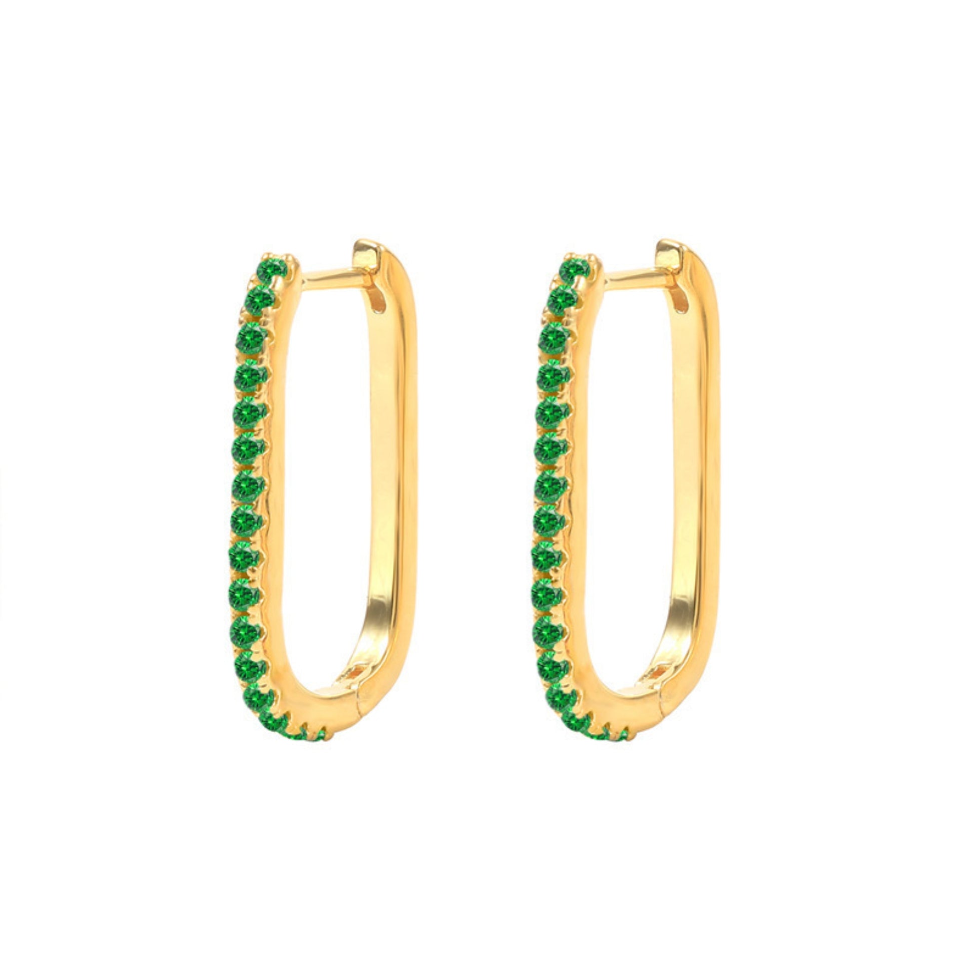 Gold U-shaped hoop earrings with green rhinestones, trendy INS style statement earrings for women, fashion jewelry