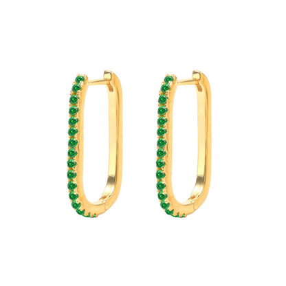 Gold U-shaped hoop earrings with green rhinestones, trendy INS style statement earrings for women, fashion jewelry