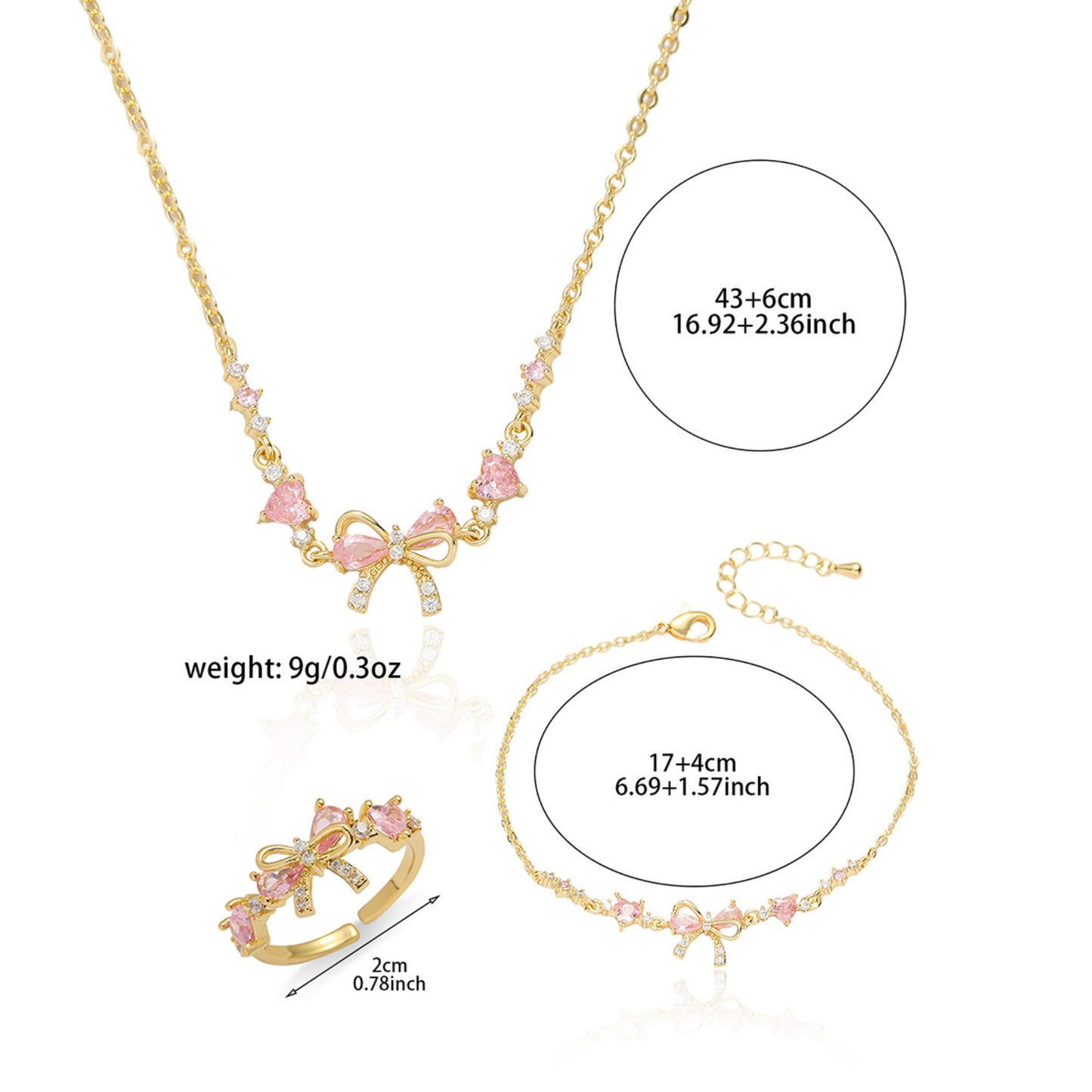 Elegant Gold Pink Butterfly Jewelry Set for Women, Shiny Crystal Choker Necklace Ring Bracelet Set, sygjewelry