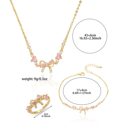 Elegant Gold Pink Butterfly Jewelry Set for Women, Shiny Crystal Choker Necklace Ring Bracelet Set, sygjewelry