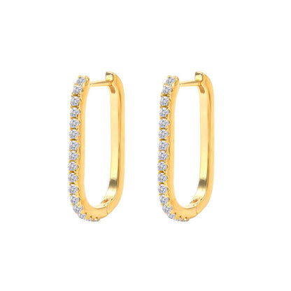 Gold U-shaped hoop earrings with white rhinestones, 14K gold plated INS style earrings for women, versatile fashion jewelry