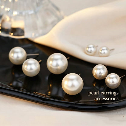 Luminous white shell pearl stud earrings, 8mm to 14mm sizes, premium shell pearl jewelry for everyday wear