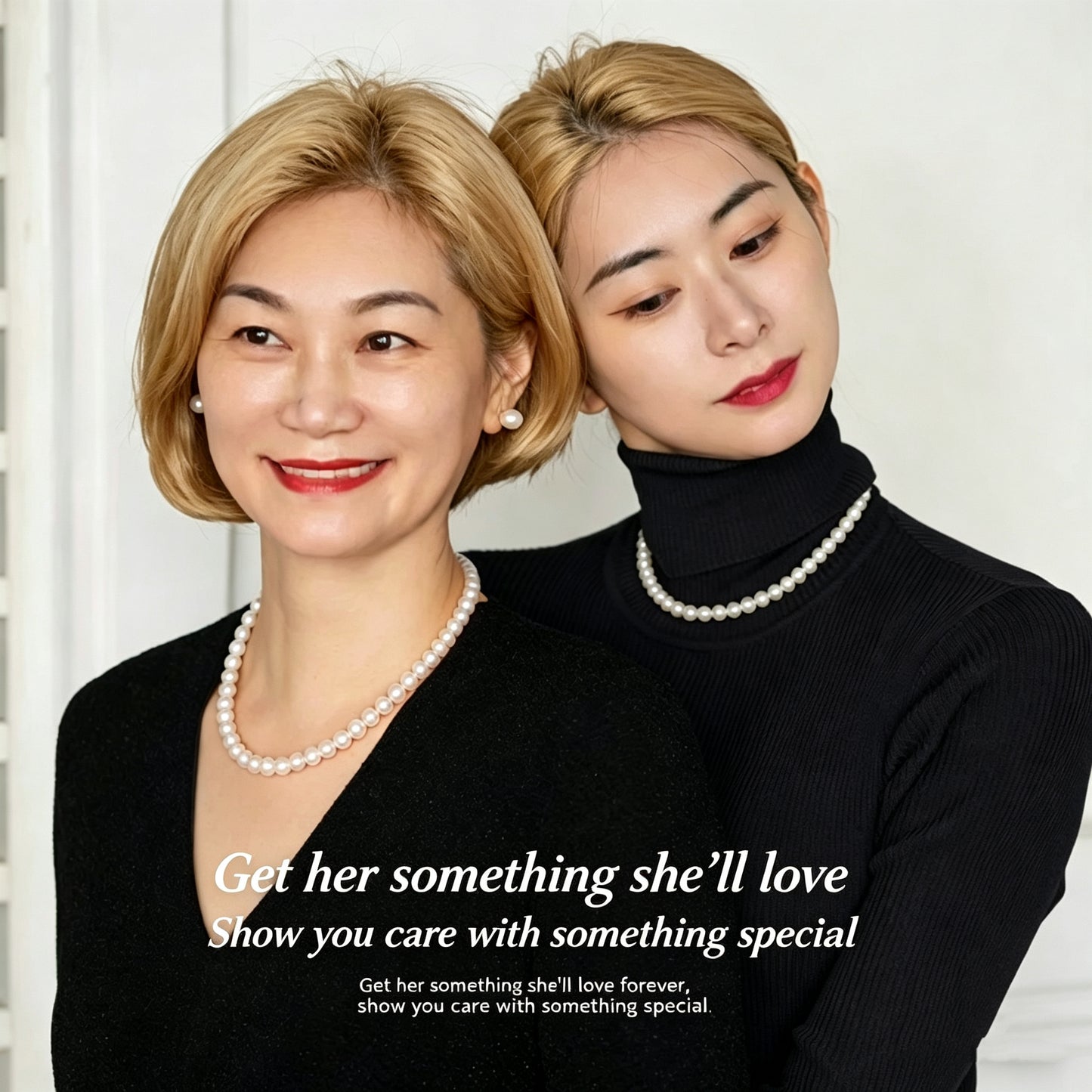 Mother and daughter wearing matching pearl necklaces, heartfelt Mother's Day gift