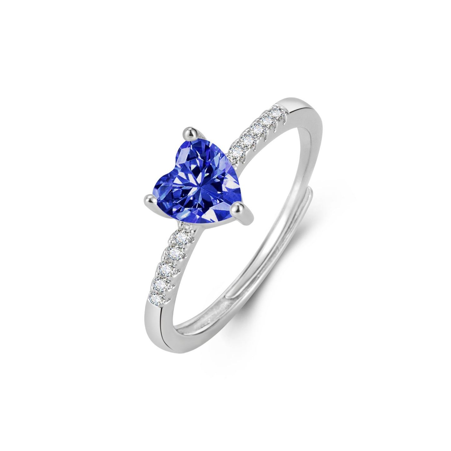 Navy blue cubic zirconia heart adjustable open ring, hypoallergenic fashion jewelry for women
