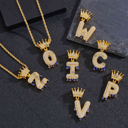 Close Up of Oversized Gold Crown Initial Pendant, Iced Out Hip Hop Letter Jewelry for Streetwear	