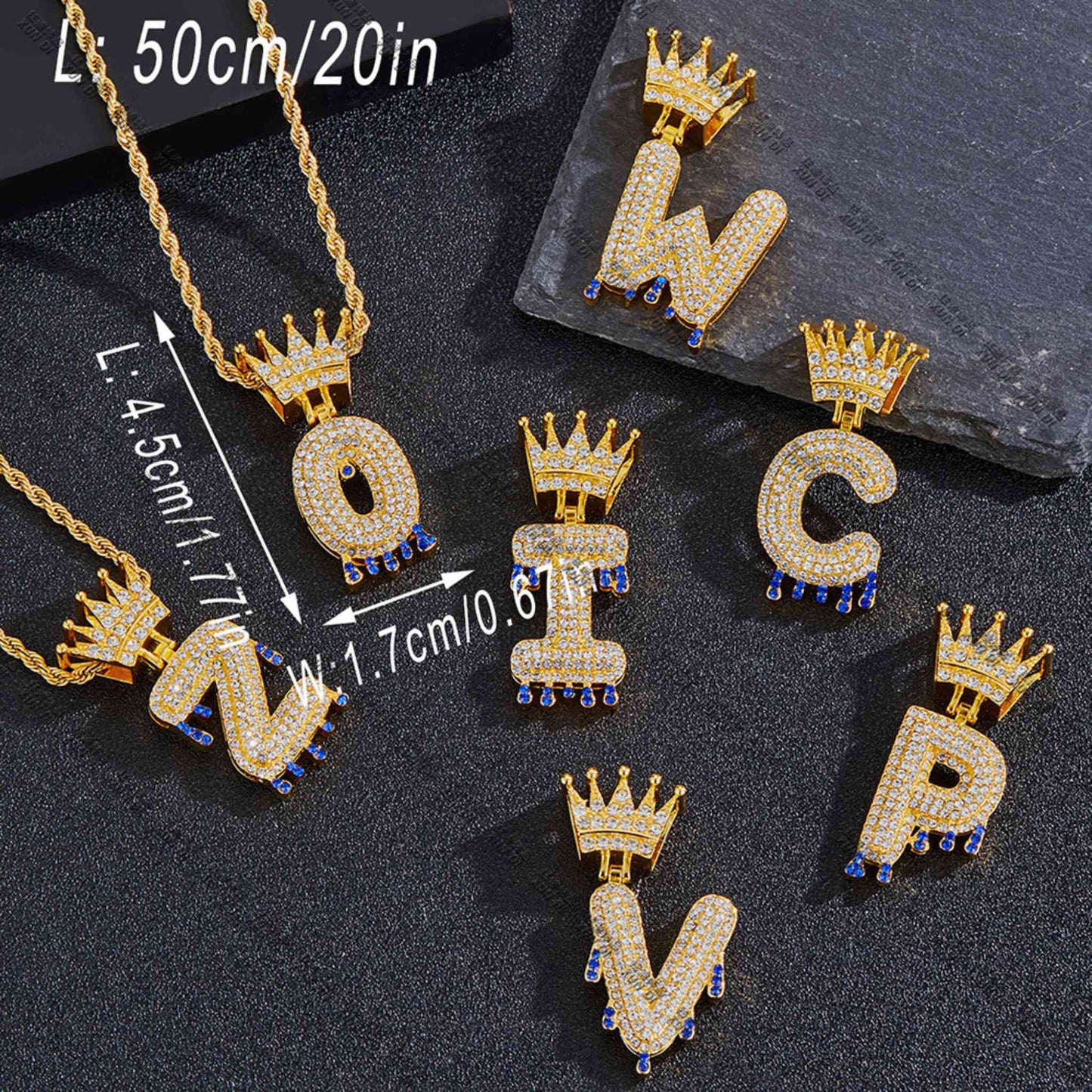 ize Detail of Oversized Gold Crown Initial Pendant, 50cm Chain, Iced Out Hip Hop Letter Necklace for Men	