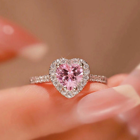 Adjustable pink heart CZ diamond cluster ring for women, dainty silver promise ring, sygjewelry