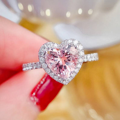 Pink heart CZ cluster ring worn on hand with red nails, valentine's day gift ring, sygjewelry