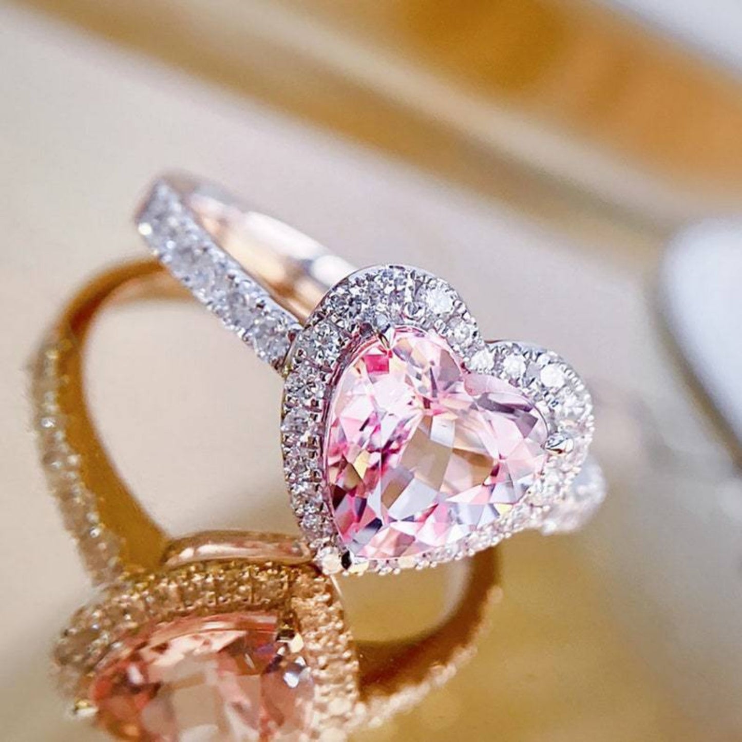Rose gold pink heart CZ cluster ring, engagement ring for women, sygjewelry
