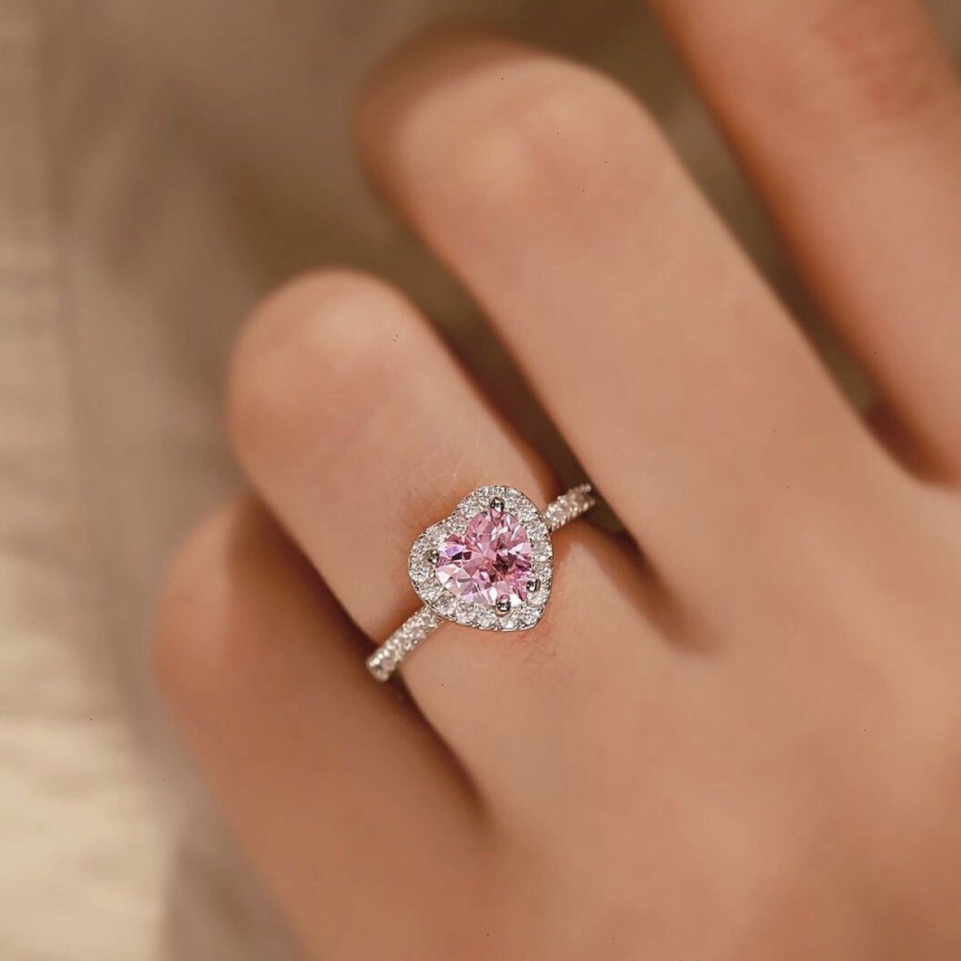 Pink heart CZ ring worn on hand, cute fashion jewelry for women, sygjewelry
