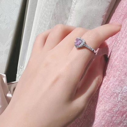 Dainty Pink Heart Diamond Cluster Ring Worn on Hand, Sparkling CZ Engagement Promise Ring, Sweet Luxury Jewelry Gift