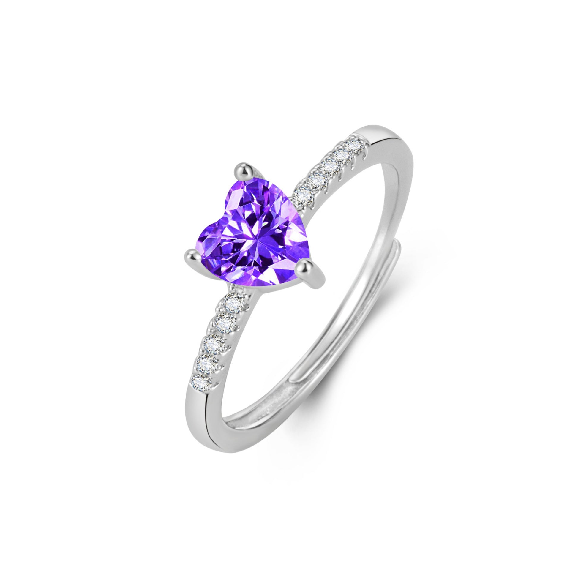 Purple cubic zirconia heart adjustable open ring, dainty stackable jewelry for everyday wear