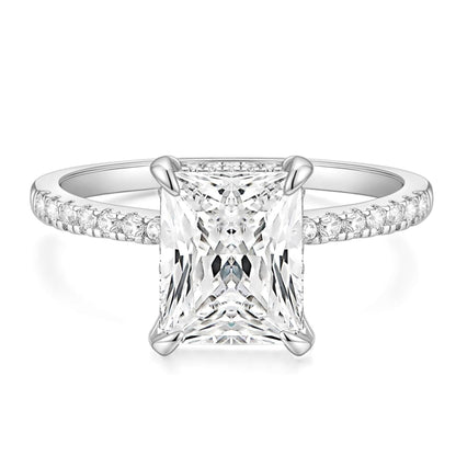 Rectangular white diamond edge four-prong ring, silver plated light luxury ring for women